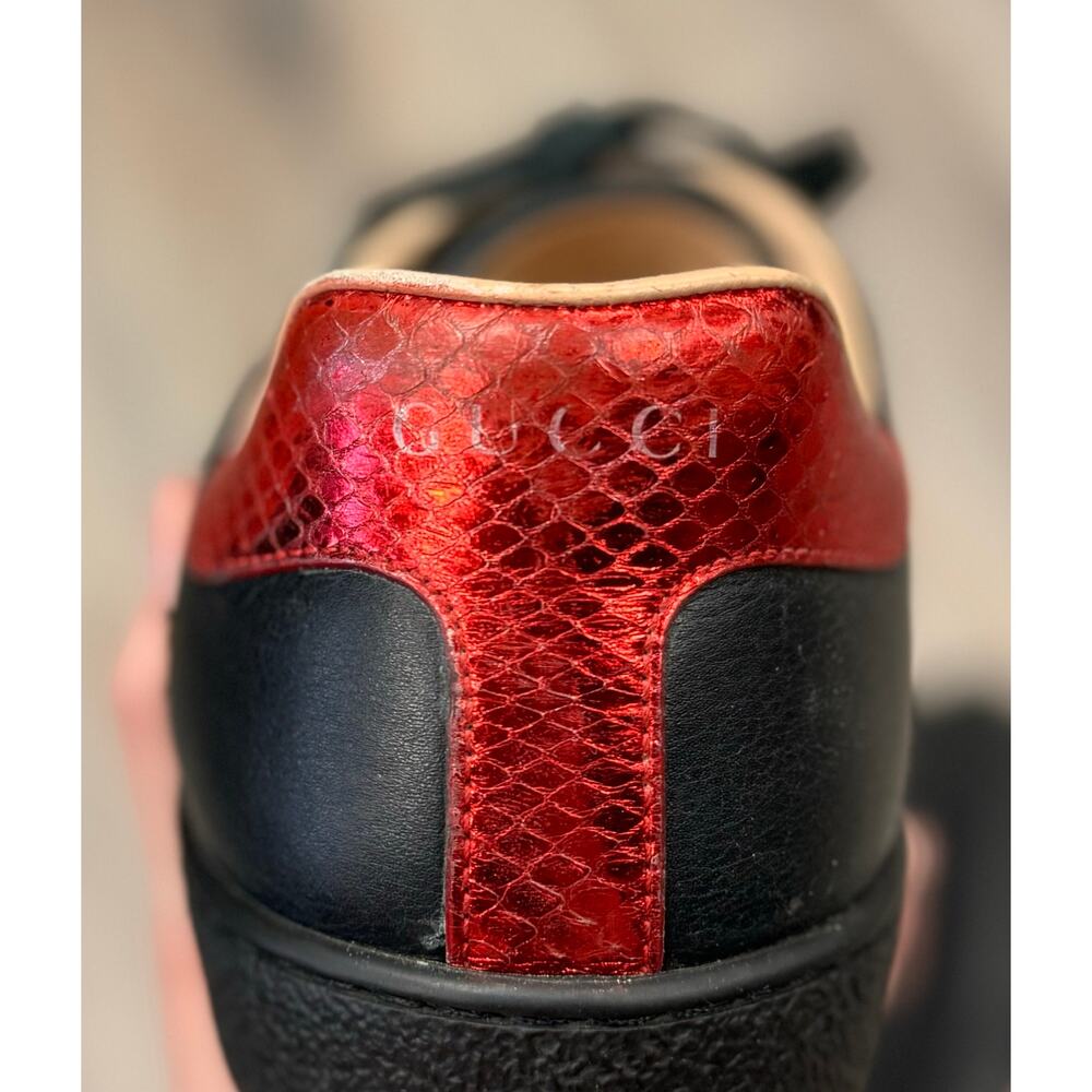 Men's GUCCI Ace Flame Black Leather Low Top Flame Lace-Up Sneakers Sz. 9 440724 - Picture 6 of 11